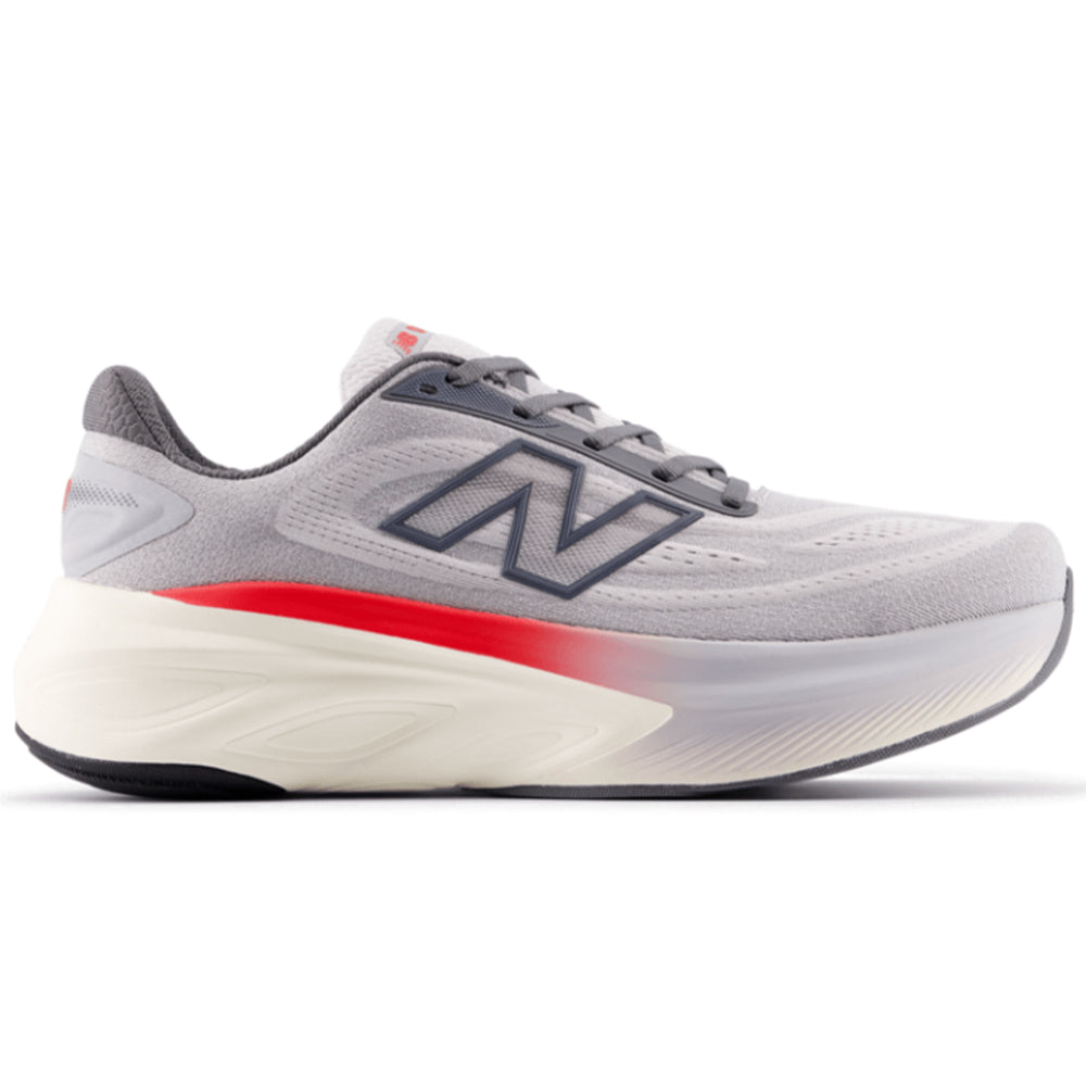 Side view on white background of Mens New Balance Fresh Foam X More running shoe in Grey Matter/True Red/Castlerock, Wide width