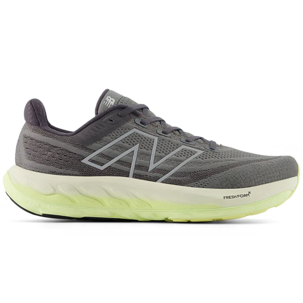 Side view on white background of Mens New Balance Fresh Foam Vongo running shoe in Harbor Grey/Limelight/Silver Metallic, Medium (Regular) width