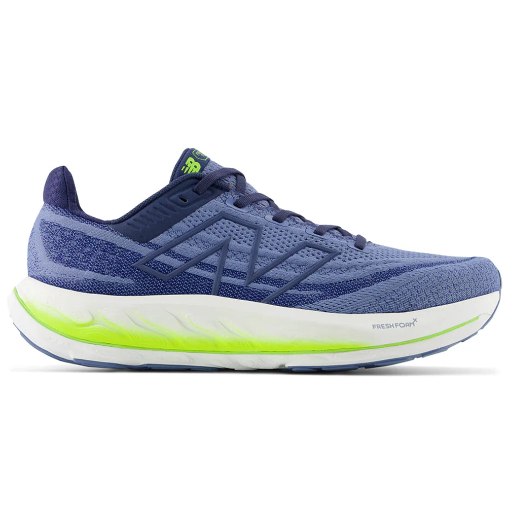 Side view on white background of Mens New Balance Fresh Foam Vongo running shoe in Mercury Blue, Medium (Regular) width