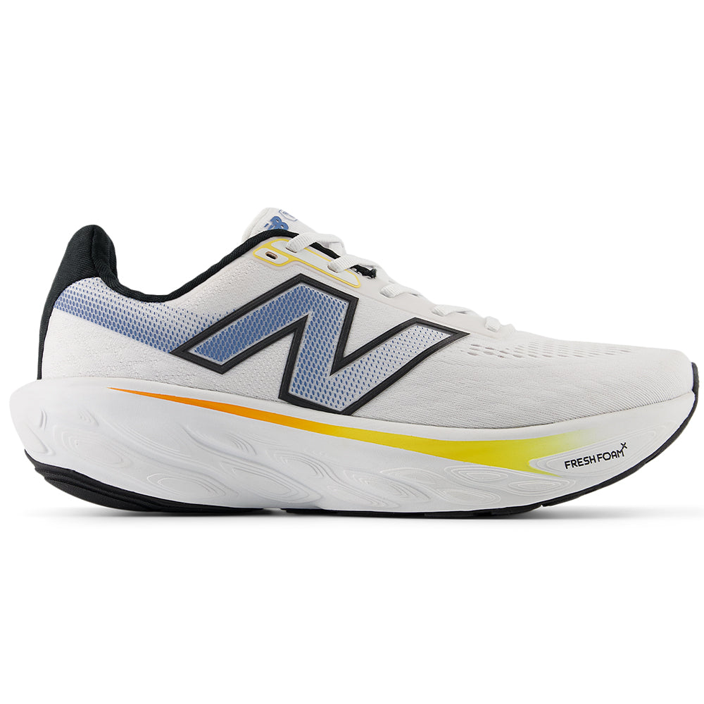 Side view on white background of Mens New Balance Fresh Foam X 1080 running shoe in White/Black/Sea Stone, Medium (Regular) width