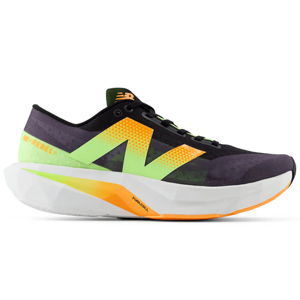 Side view on white background of Mens New Balance FuelCell Rebel running shoe in Black/Graphite/White Peach/Bleached Lime Glo, Medium (Regular) width