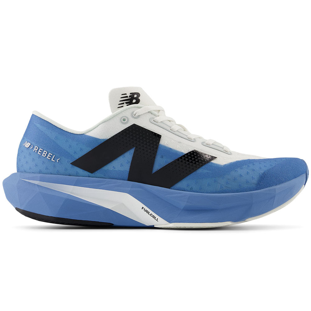 Side view on white background of Mens New Balance FuelCell Rebel running shoe in Blue Laguna/Reflection/Black, Wide width