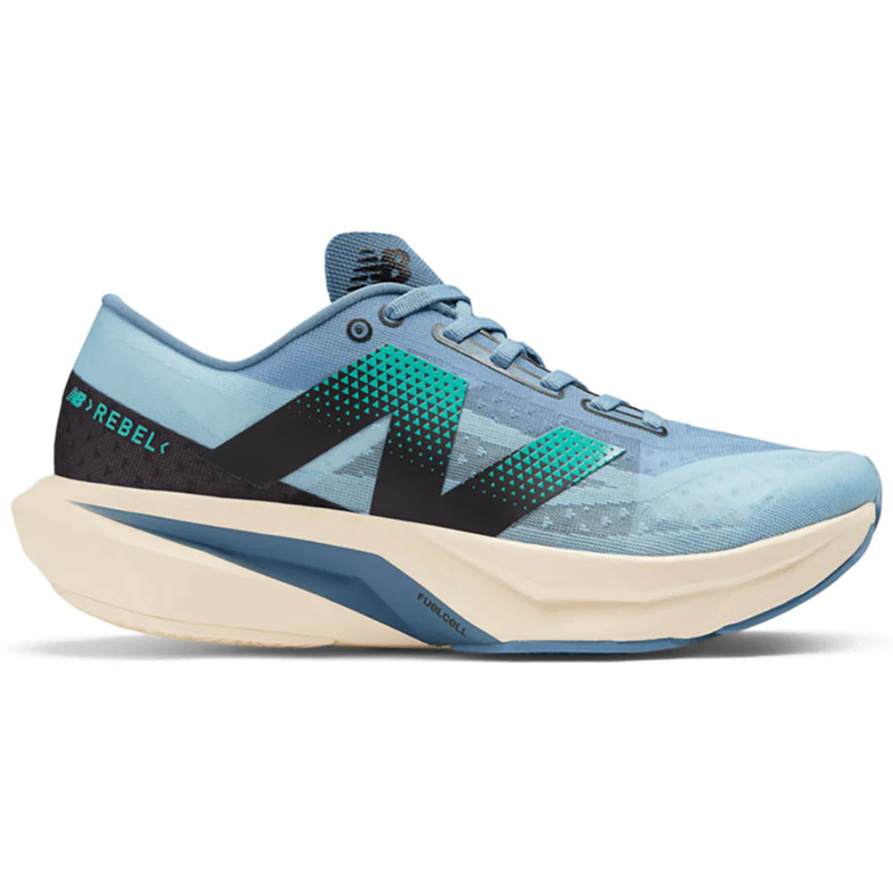 Side view on white background of Mens New Balance FuelCell Rebel running shoe in Heron Blue/Chrome Blue/Black/Cyber Jade, Wide width