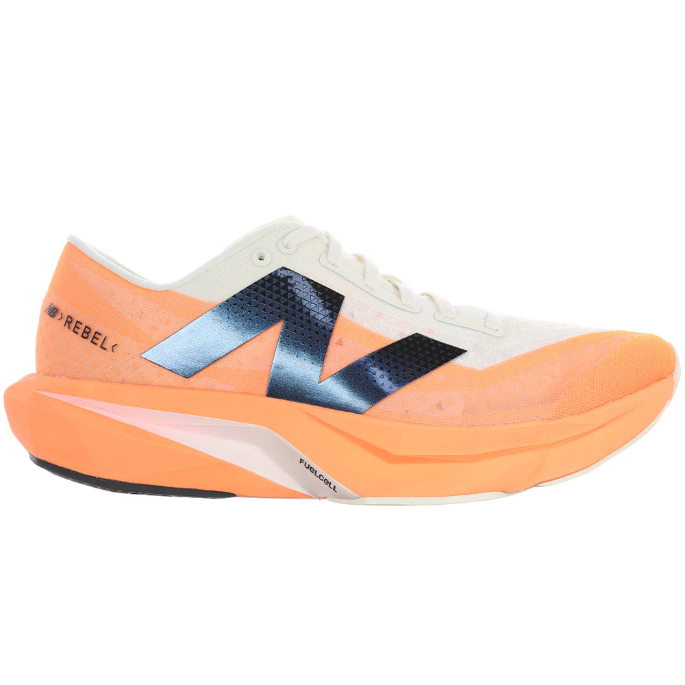 Side view on white background of Mens New Balance FuelCell Rebel running shoe in Hot Mango/Angora/Black, Wide width