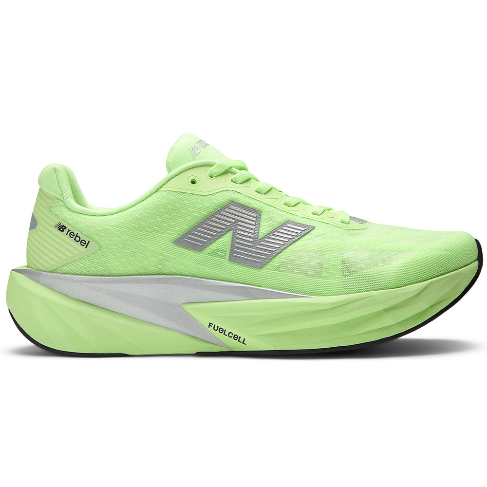 Side view on white background of Mens New Balance FuelCell Rebel running shoe in Mint Flash/Lab Green/Silver Metallic, Wide width
