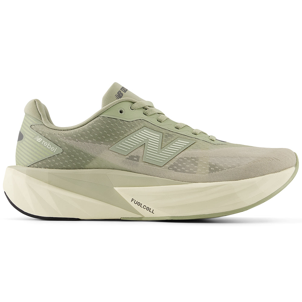 Side view on white background of Mens New Balance FuelCell Rebel running shoe in Olivine/Shipyard, Medium (Regular) width