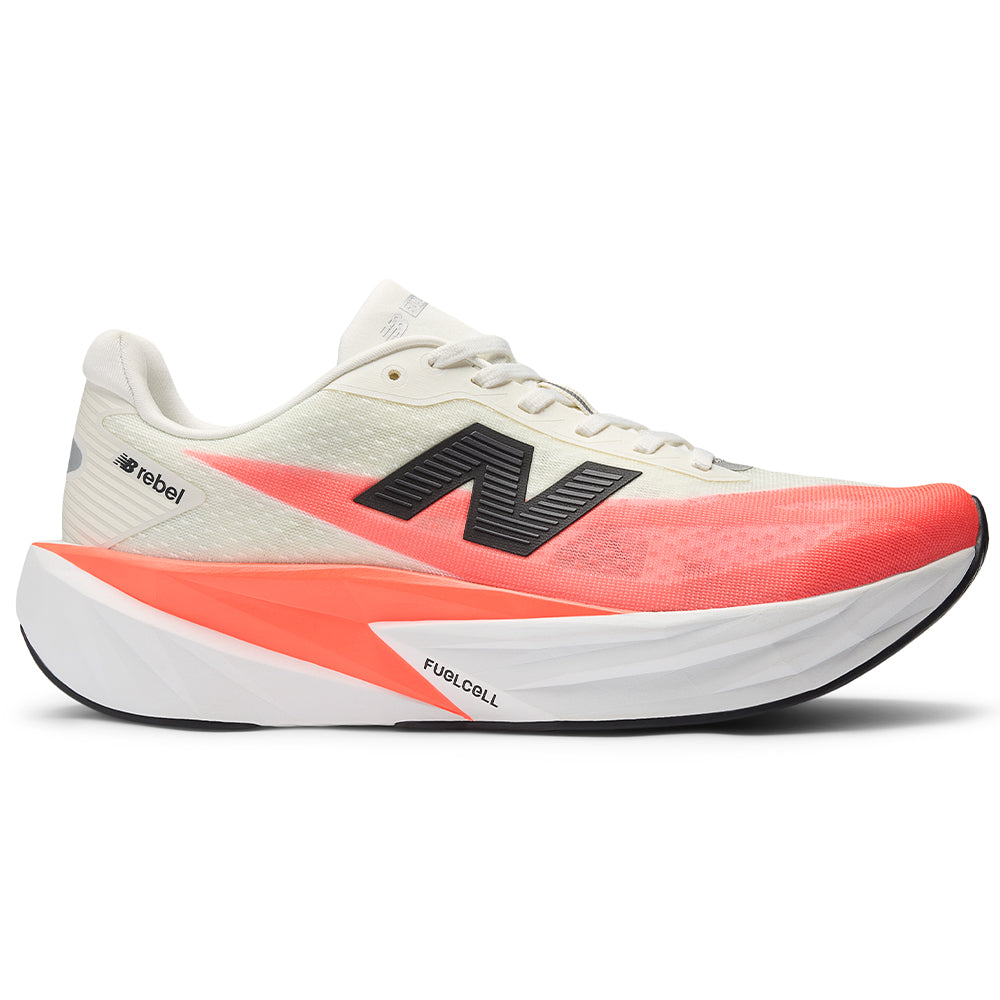 Side view on white background of Mens New Balance FuelCell Rebel running shoe in Urgent Red/White/Sea Salt, Medium (Regular) width