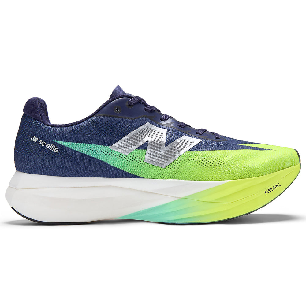 Side view on white background of Mens New Balance FuelCell SuperComp running shoe in Boysenberry/Afterglow, Medium (Regular) width