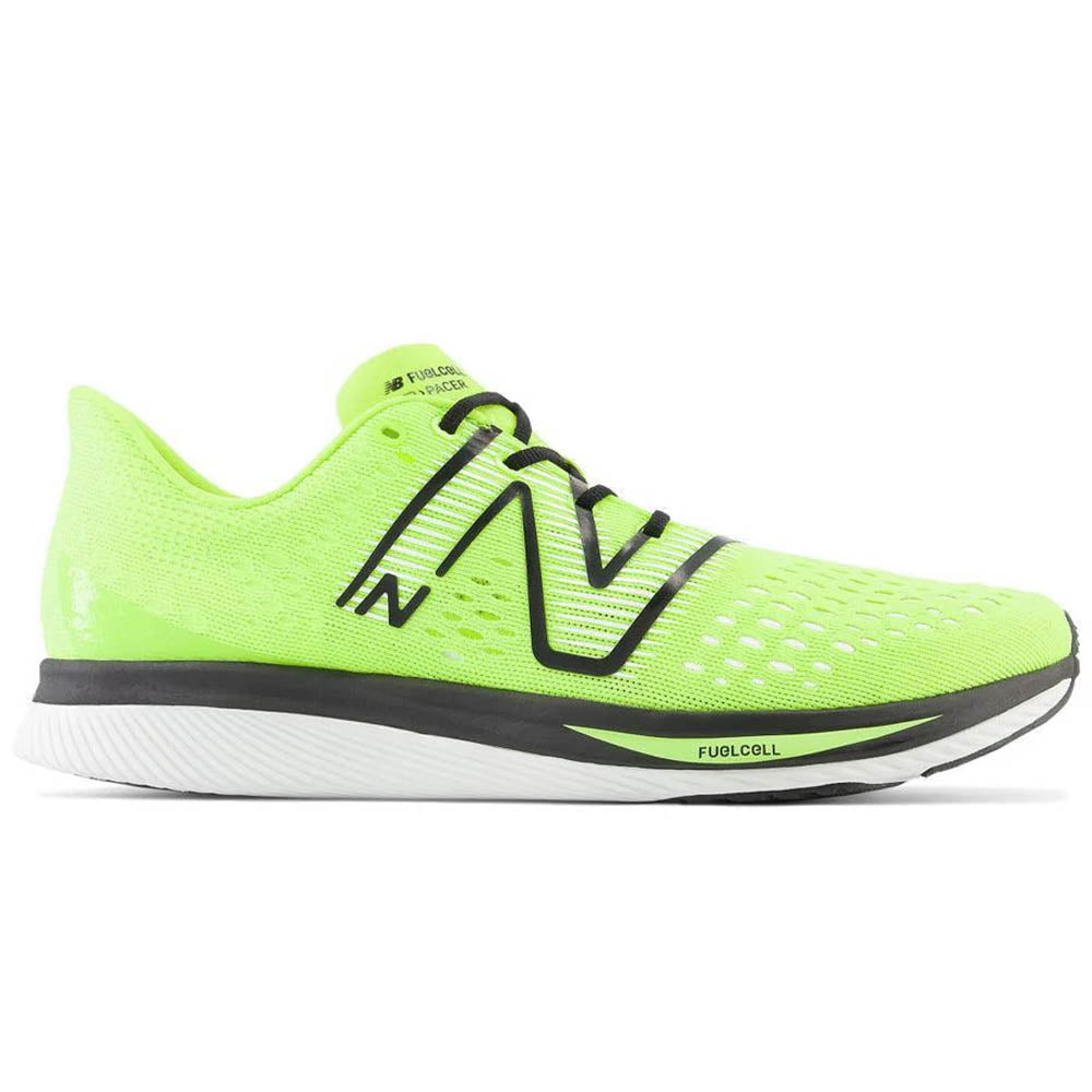 Side view on white background of Mens New Balance FuelCell SuperComp running shoe in Thirty Watt/Black, Medium (Regular) width