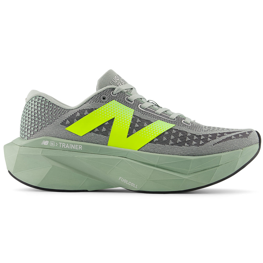 Side view on white background of Mens New Balance FuelCell SuperComp running shoe in Mosaic Green/Lone Star Grey, Medium (Regular) width