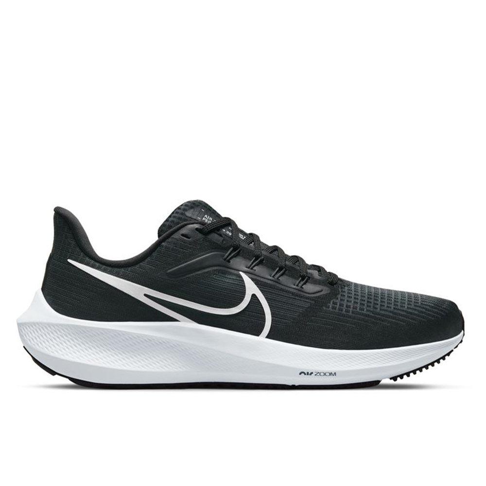 Side view on white background of Mens Nike Pegasus running shoe in Black/White-Dk Smoke Grey, Medium (Regular) width