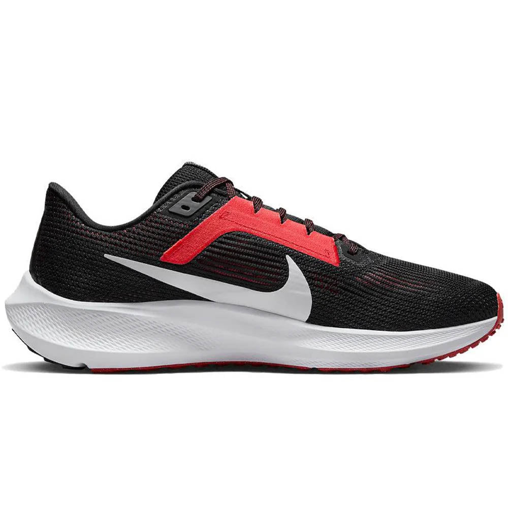 Side view on white background of Mens control nike Pegasus running shoe in Black/White-Lt Crimson, Medium (Regular) width