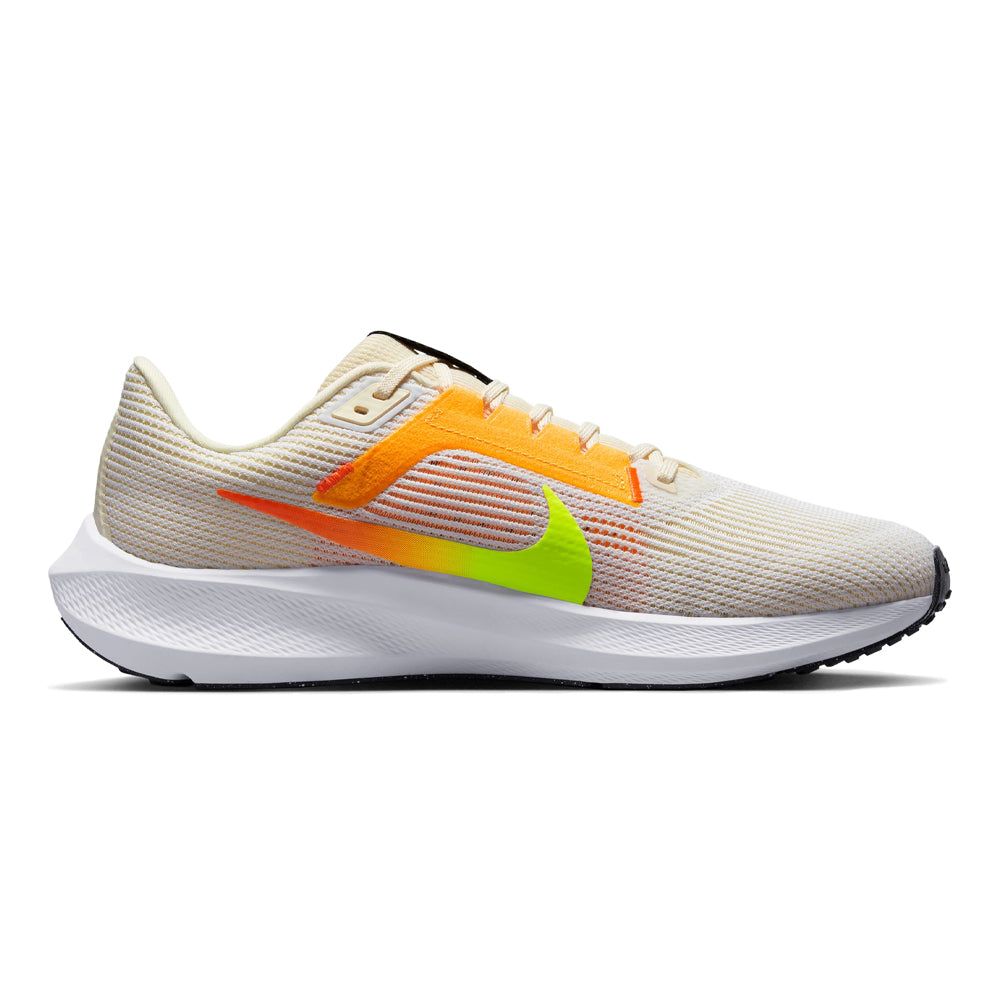 Side view on white background of Mens Nike Pegasus running shoe in White/Multi-Color-Coconut Milk-Volt, Medium (Regular) width