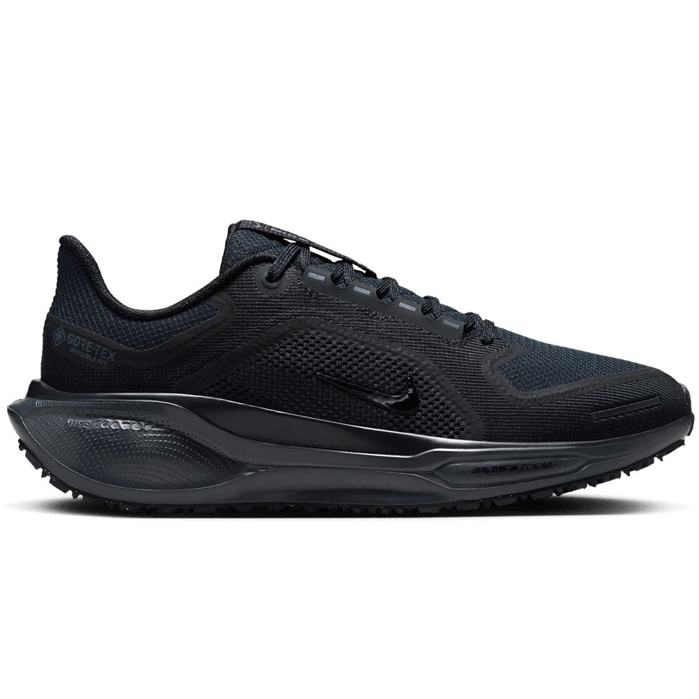 Side view on white background of Mens Nike Pegasus running shoe in Black/Black/Anthracite, Medium (Regular) width