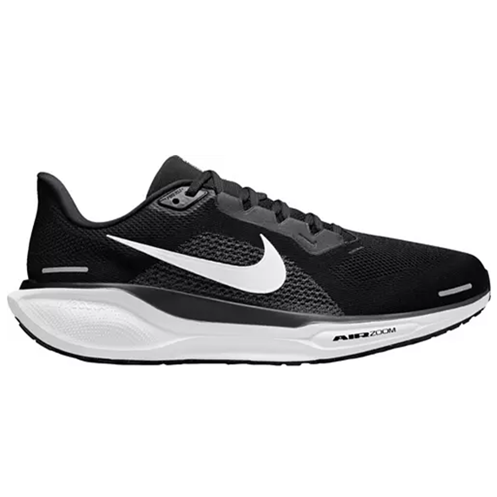 Side view on white background of Mens Nike Pegasus running shoe in Black/White/Anthracite, Medium (Regular) width