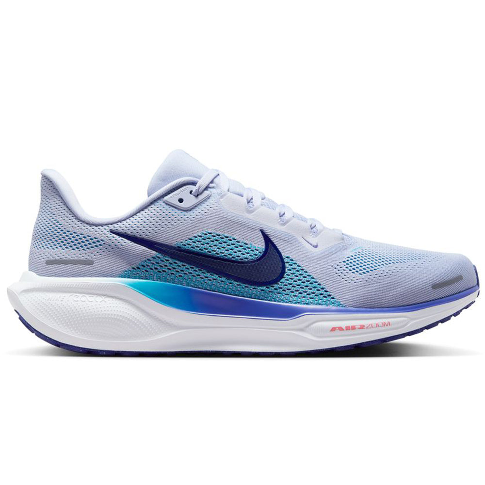 Side view on white background of Mens Nike Pegasus 41 running shoe in Ghost/Blue Void-Football Grey, Medium (Regular) width