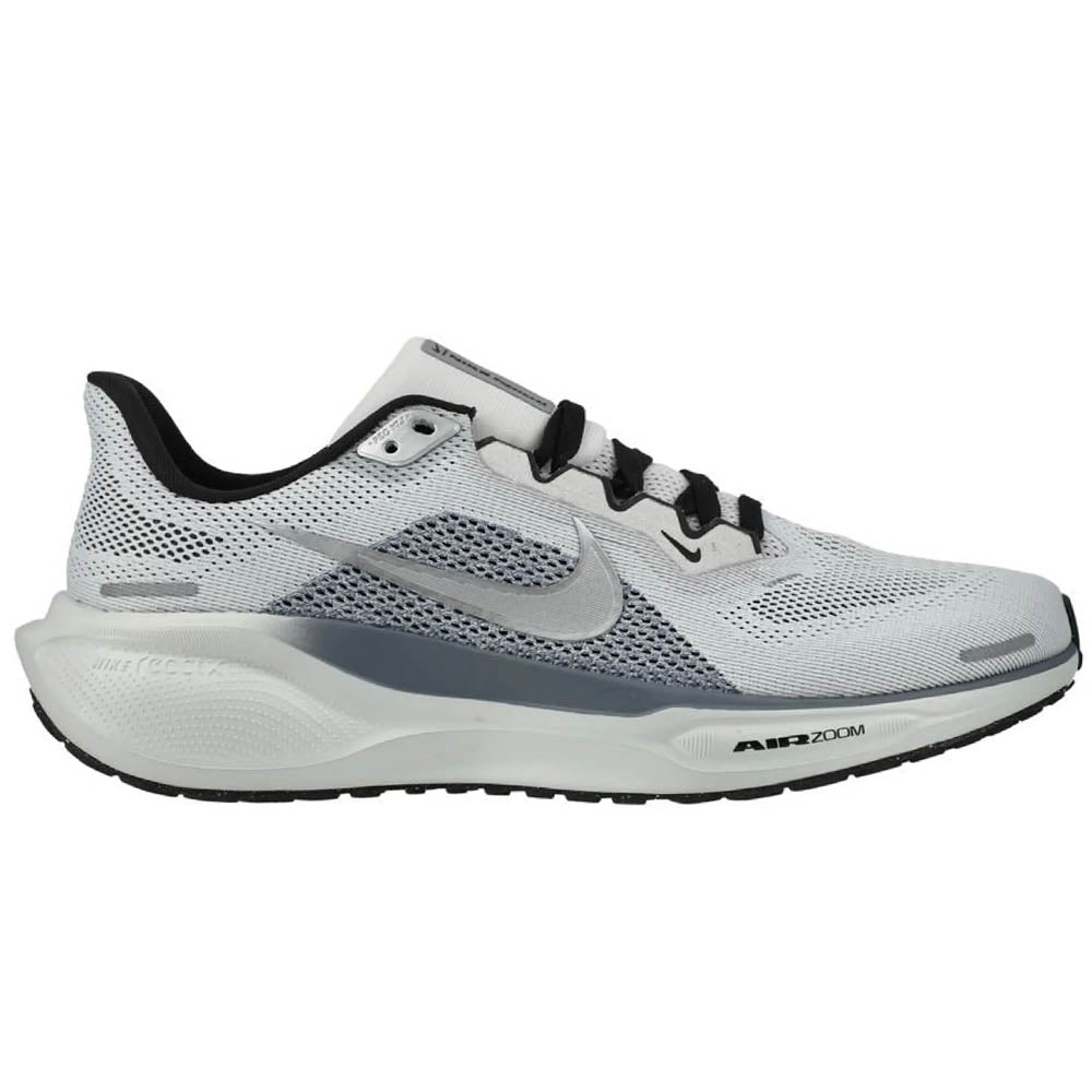 Side view on white background of Mens Nike Pegasus running shoe in Photon Dust/Metallic Silver/Ashen Slate, Medium (Regular) width