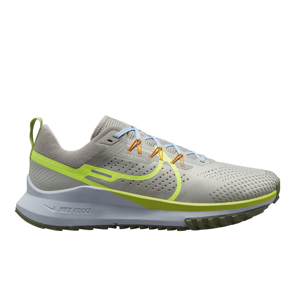 Side view on white background of Mens Nike Pegasus running shoe in Lt Iron Ore/Volt-Cobblestone, Medium (Regular) width