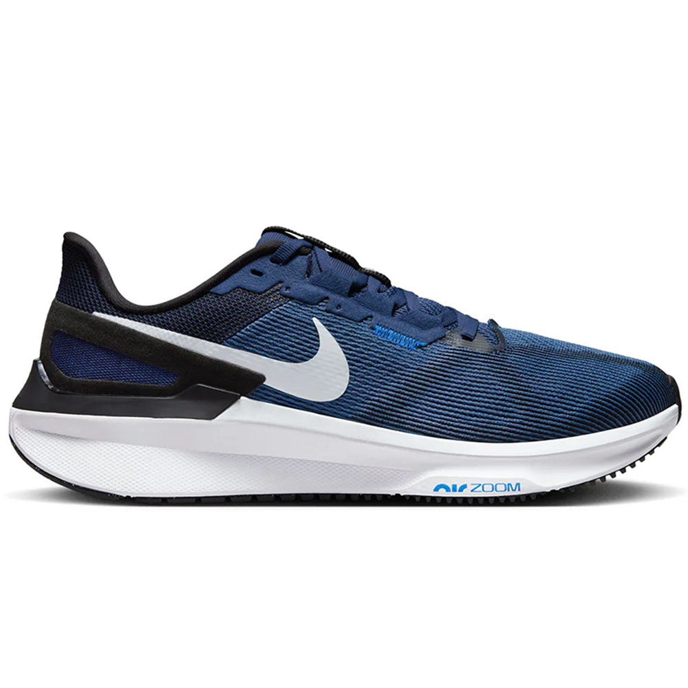 Side view on white background of Mens Nike Structure running shoe in Midnight Navy/Pure Platinum/White/Black, Medium (Regular) width