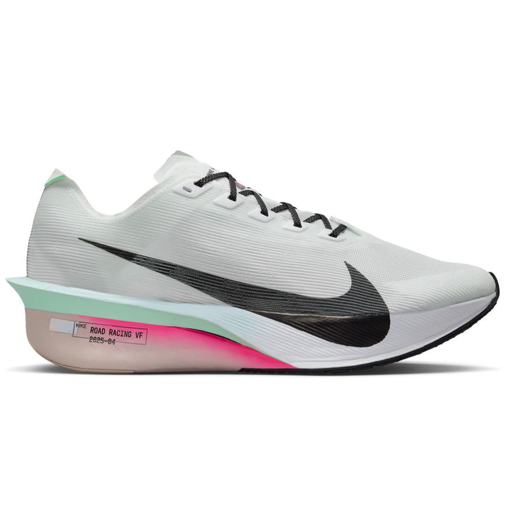 Side view on white background of Mens Nike ZoomX Vaporfly running shoe in White/Black/Hyper Pink/Mint Foam, Medium (Regular) width