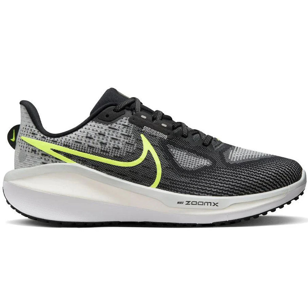 Side view on white background of Mens Nike Vomero running shoe in Black/Volt/Lt Smoke Grey/White, Medium (Regular) width