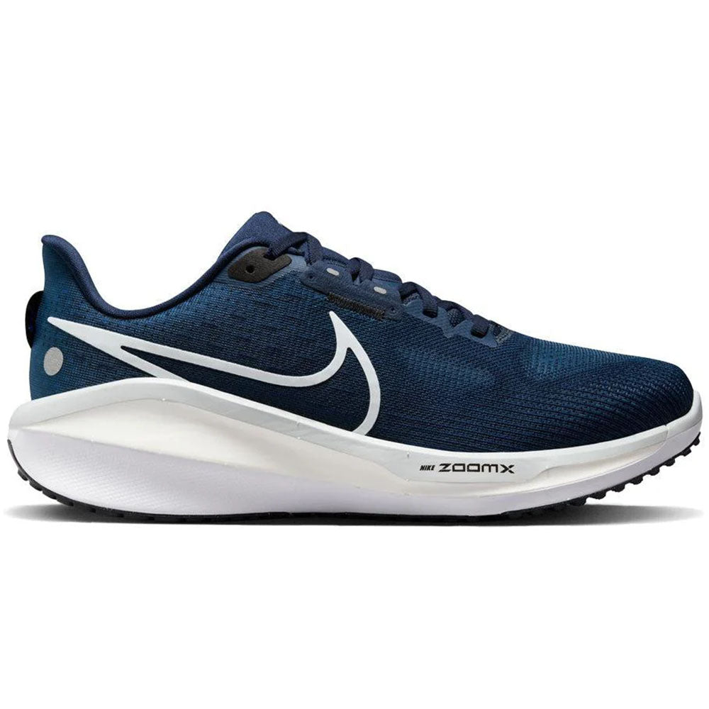 Side view on white background of Mens Nike Vomero running shoe in Midnight Navy/Pure Platinum/Black, Medium (Regular) width