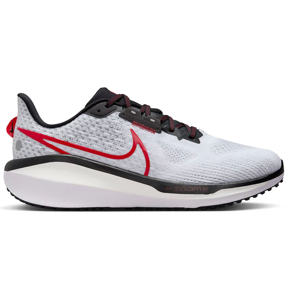 Side view on white background of Mens Nike Vomero running shoe in White/Black/Fire Red/Platinum Tint, Medium (Regular) width