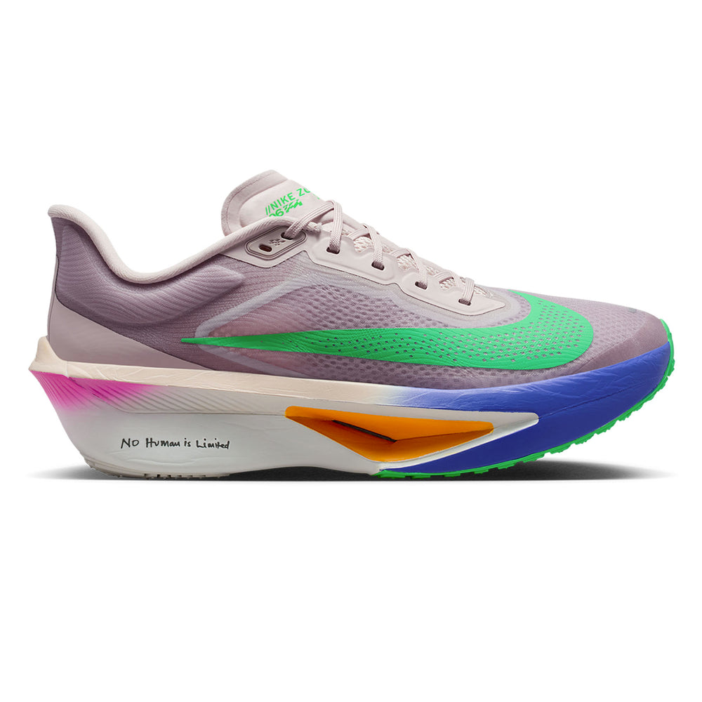 Side view on white background of Mens Nike Zoom Fly 6 running shoe in Silt Red/Green Shock/Persian Violet, Medium (Regular) width