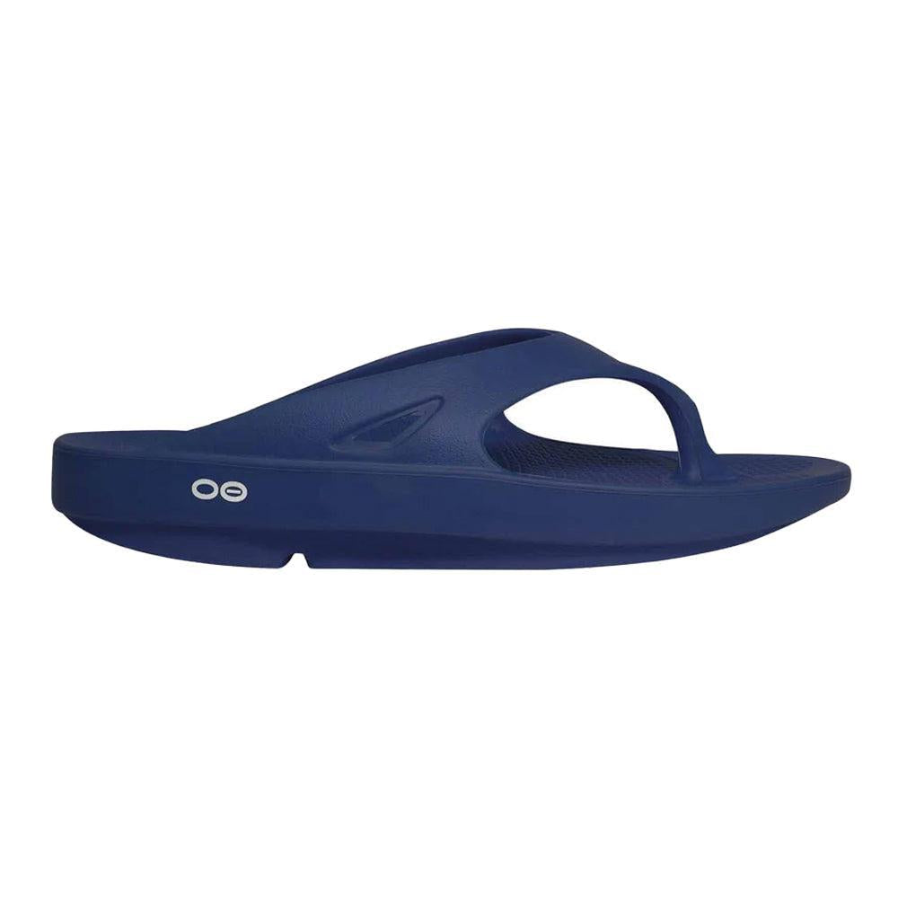 Side view on white background of Mens OOFOS OOriginal running shoe in Navy, Medium (Regular) width