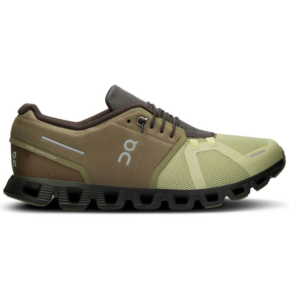 Side view on white background of Mens On Cloud running shoe in Grove/Haze, Medium (Regular) width