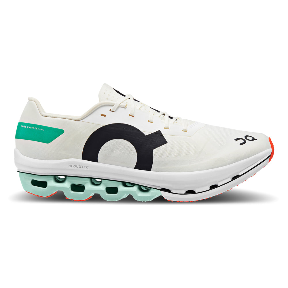 Side view on white background of Mens On Cloudboom running shoe in White/Mint, Medium (Regular) width