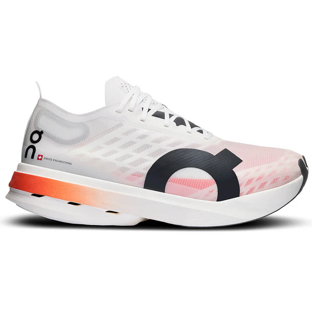 Side view on white background of Mens On Cloudboom Strike running shoe in White/Black, Medium (Regular) width