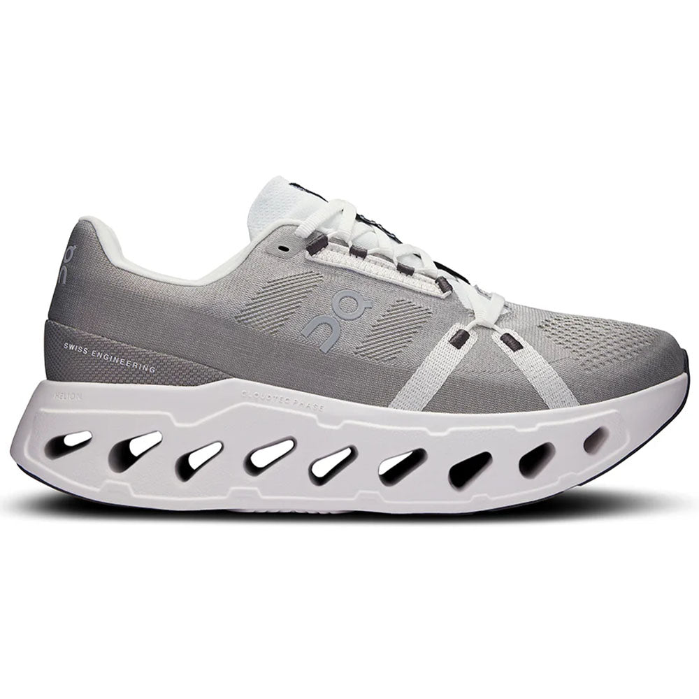 Side view on white background of Mens On Cloudeclipse running shoe in Alloy/White, Medium (Regular) width