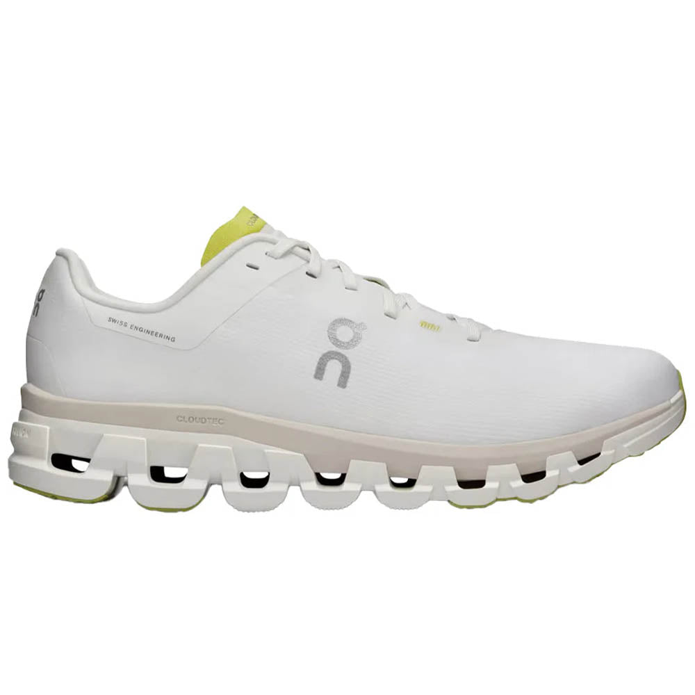 Side view on white background of Mens On Cloudflow running shoe in White/Sand, Medium (Regular) width