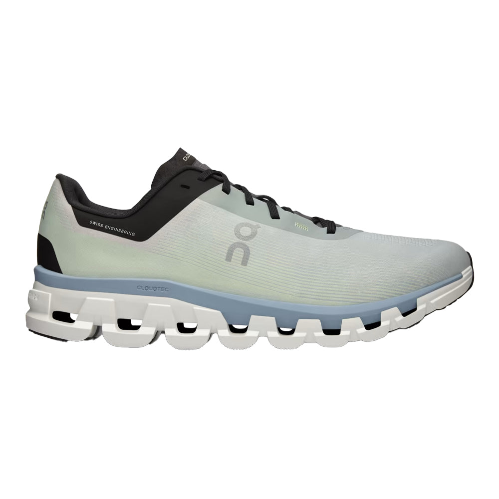 Side view on white background of Mens On Cloudflow running shoe in Glacier/Chambray, Medium (Regular) width
