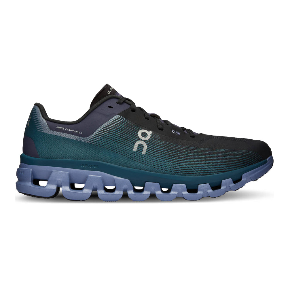 Side view on white background of Mens On Cloudflow running shoe in Black/Storm, Medium (Regular) width
