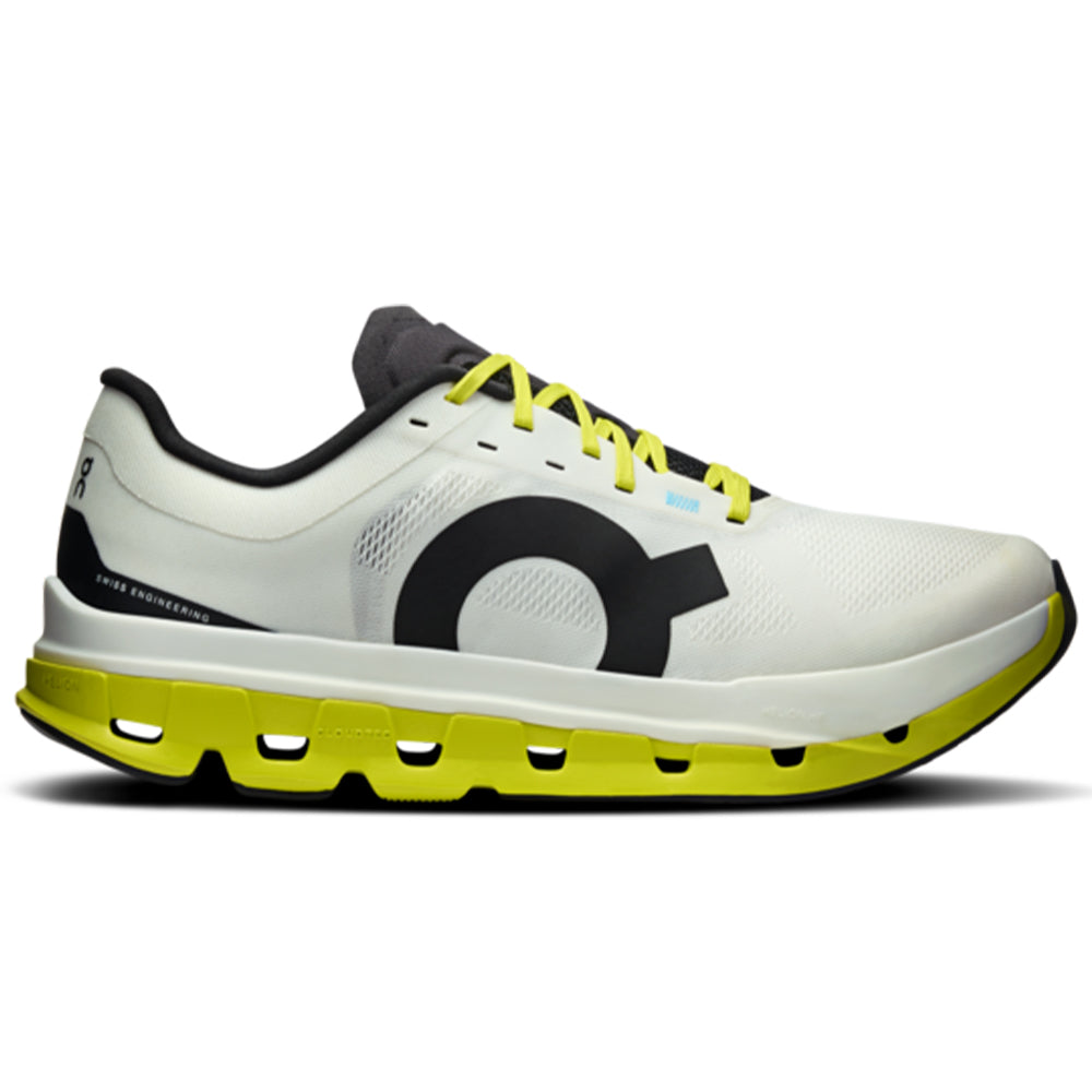 Side view on white background of Mens On Cloudflow running shoe in White/Lime, Medium (Regular) width