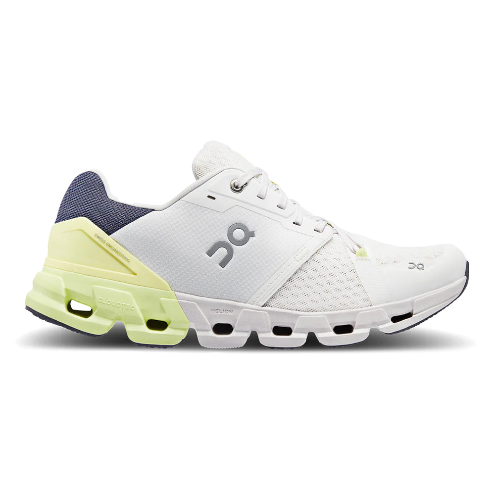 Side view on white background of Mens On Cloudflyer running shoe in White/Hay, Medium (Regular) width
