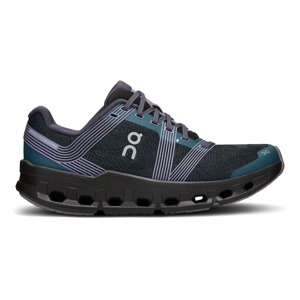Side view on white background of Mens On Cloudgo running shoe in Storm/Magnet, Medium (Regular) width