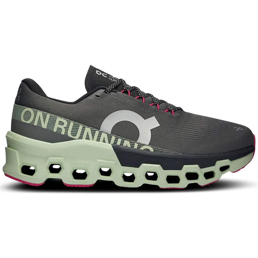 Side view on white background of Mens On Cloudmonster running shoe in Asphalt/Lima, Medium (Regular) width