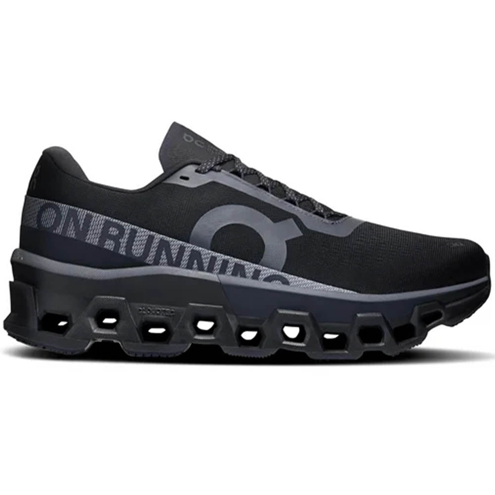 Side view on white background of Mens On Cloudmonster 2 running shoe in Black/Black, Medium (Regular) width