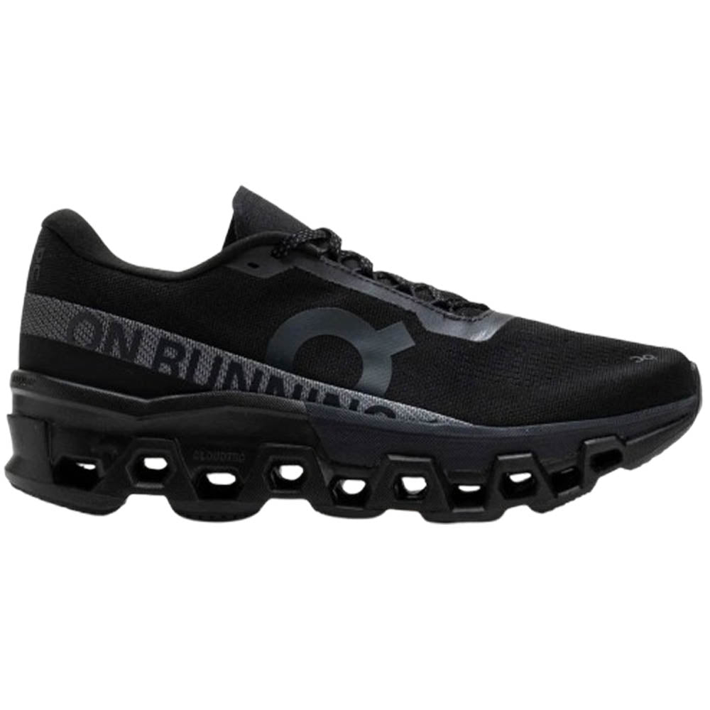 Side view on white background of Womens On Cloudmonster 2 running shoe in Black/Eclipse, Medium (Regular) width