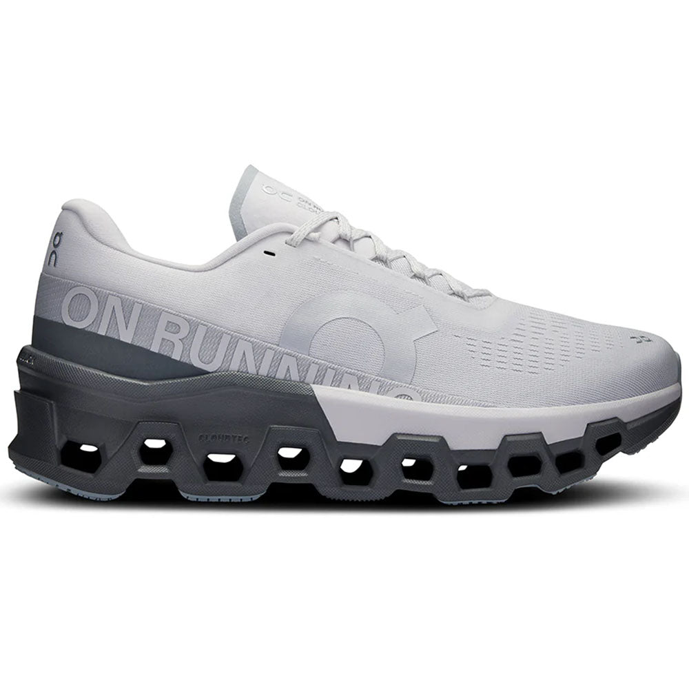 Side view on white background of Mens On Cloudmonster running shoe in Frost/Rock, Medium (Regular) width