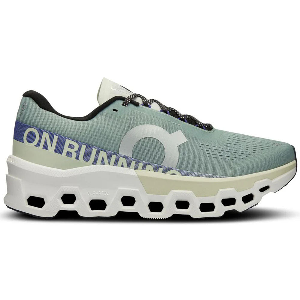 Side view on white background of Mens On Cloudmonster running shoe in Mineral/Aloe, Medium (Regular) width