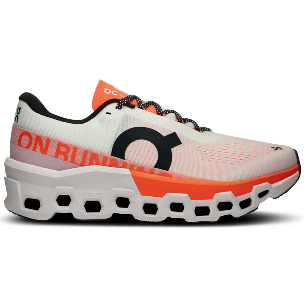Side view on white background of Mens On Cloudmonster running shoe in Undyed/Flame, Medium (Regular) width
