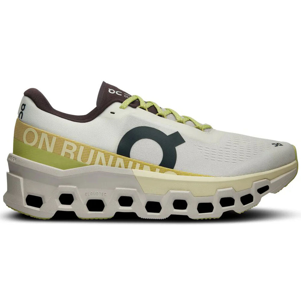 Side view on white background of Mens On Cloudmonster running shoe in Undyed/Zest, Medium (Regular) width