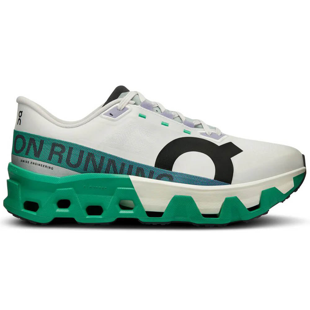Side view on white background of Mens On Cloudmonster Hyper running shoe in Undyed/Mint, Medium (Regular) width