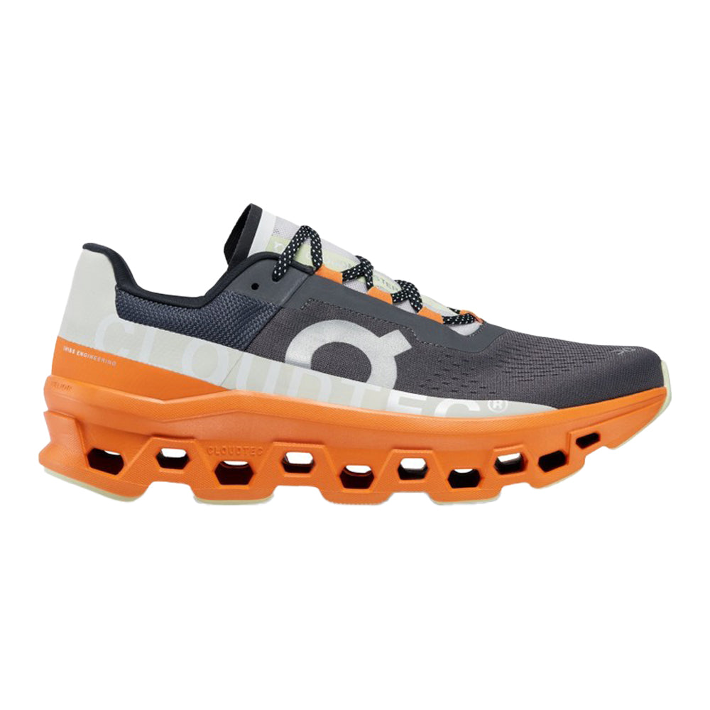 Side view on white background of Mens On Cloudmonster running shoe in Eclipse/Turmeric, Medium (Regular) width