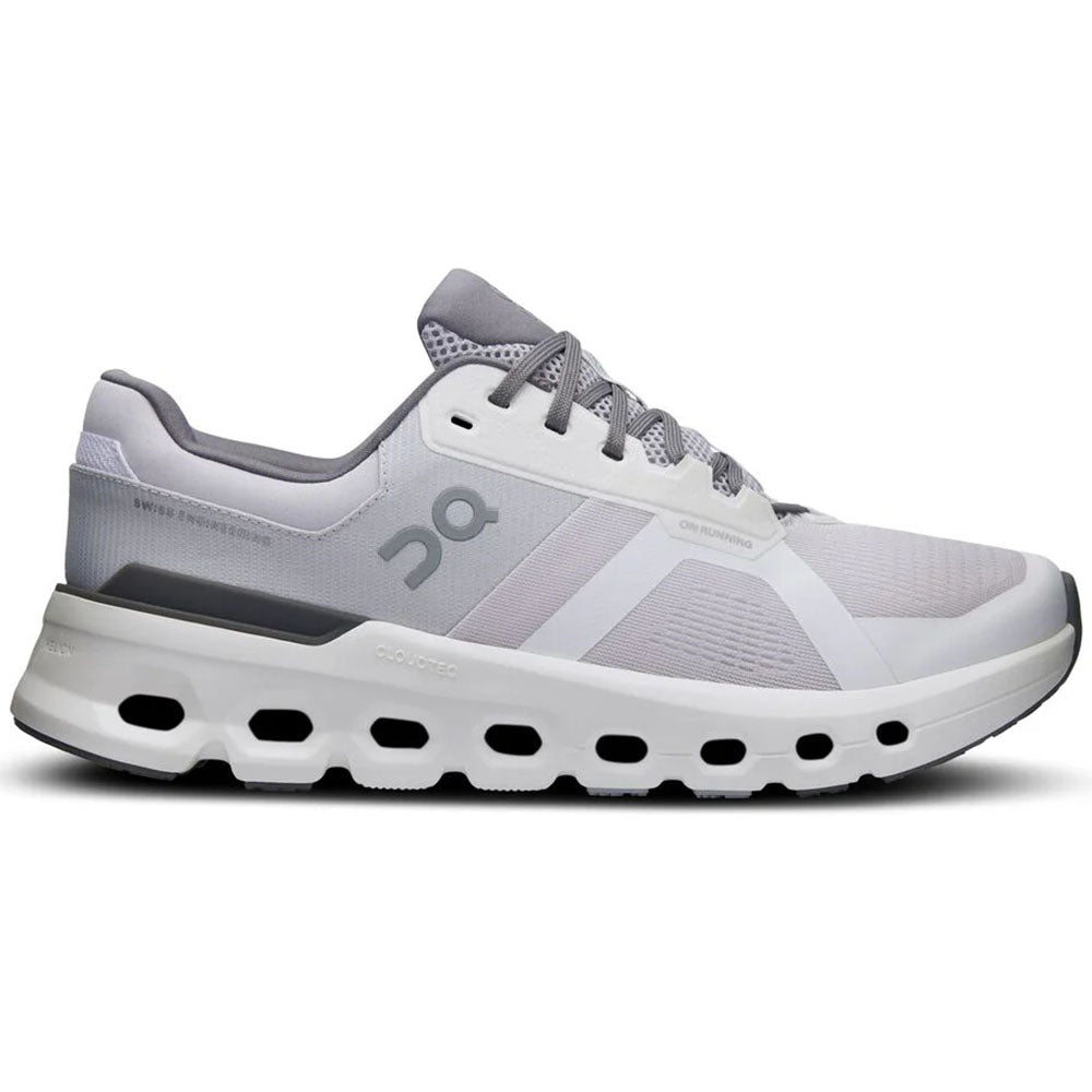 Side view on white background of Mens On Cloudrunner 2 running shoe in Frost/White, Medium (Regular) width