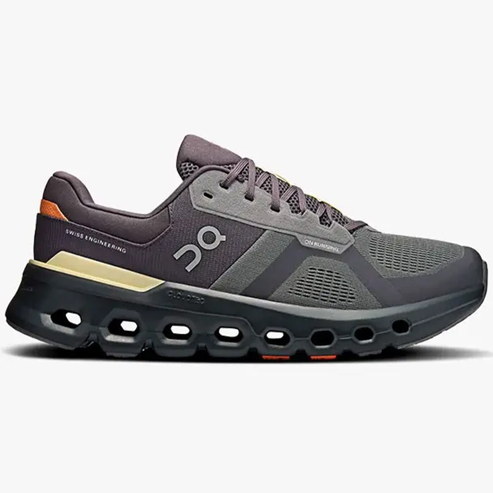 Side view on white background of Mens On Cloudrunner running shoe in Rock/Tangerine, Medium (Regular) width